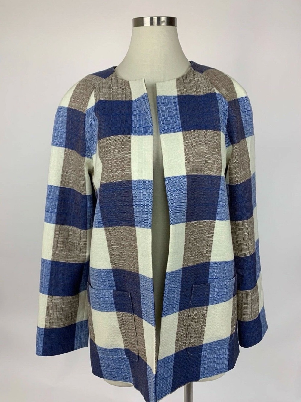100% virgin wool Pendleton  Brown Blue Buffalo Plaid Open Front Blazer Fall